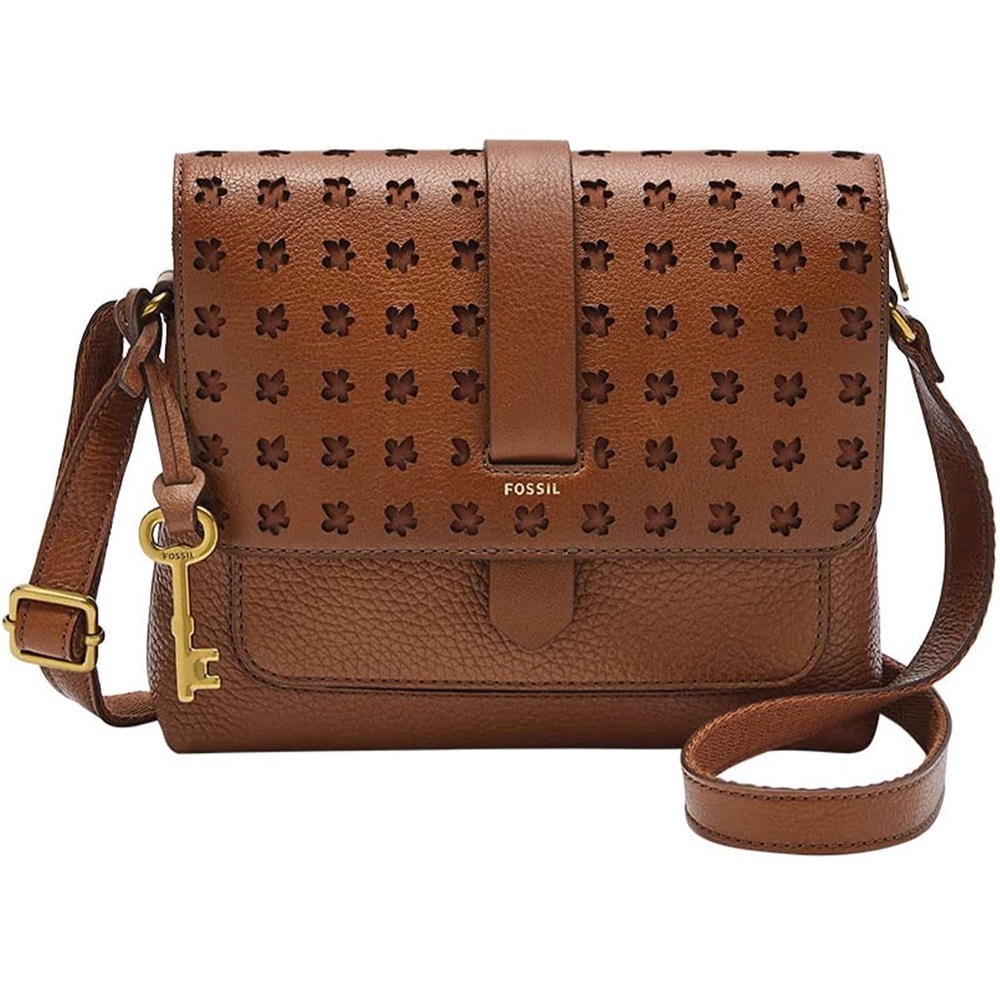 Fossil Kinley Small Crossbody Brown with Floral Cutouts